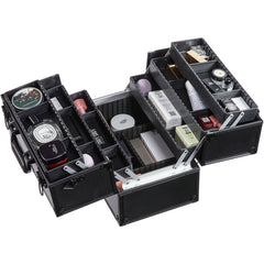 Makeup Train Case 370MM Large Portable Cosmetic Case, 6 Tier Trays Professional Makeup Storage Organizer Box Make Up Carrier with Handle And Strap Travel Case for Women and Girls - Black