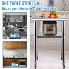Stainless Steel Prep Table, 61 x 61 x 91.4 cm, 600lbs Load Capacity Heavy Duty Metal Worktable with Adjustable Undershelf & Universal Wheels, Commercial Workstation for Kitchen Garage Backyard