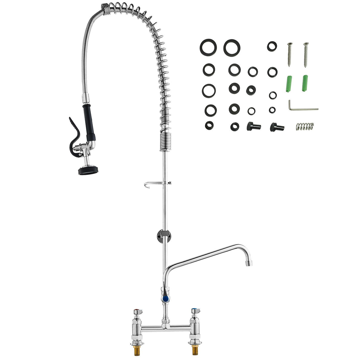 Commercial Faucet with Pre-Rinse Sprayer, 44" Height, 8" Center, 12" Swing Spout, Deck Mount Kitchen Sink Faucet, Brass Constructed Device with Pull Down Spray, for 1/2/3 Compartment Sink