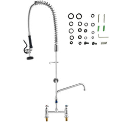 Commercial Faucet with Pre-Rinse Sprayer, 44" Height, 8" Center, 12" Swing Spout, Deck Mount Kitchen Sink Faucet, Brass Constructed Device with Pull Down Spray, for 1/2/3 Compartment Sink