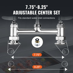 Commercial Faucet with Pre-Rinse Sprayer, 44" Height, 8" Center, 12" Swing Spout, Deck Mount Kitchen Sink Faucet, Brass Constructed Device with Pull Down Spray, for 1/2/3 Compartment Sink