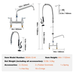 Commercial Faucet with Pre-Rinse Sprayer, 44" Height, 8" Center, 12" Swing Spout, Deck Mount Kitchen Sink Faucet, Brass Constructed Device with Pull Down Spray, for 1/2/3 Compartment Sink