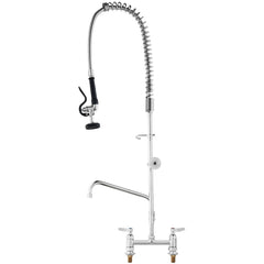 Commercial Faucet with Pre-Rinse Sprayer, 44" Height, 8" Center, 12" Swing Spout, Deck Mount Kitchen Sink Faucet, Brass Constructed Device with Pull Down Spray, for 1/2/3 Compartment Sink