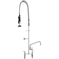 Commercial Faucet with Pre-Rinse Sprayer, 44" Height, 8" Center, 12" Swing Spout, Deck Mount Kitchen Sink Faucet, Brass Constructed Device with Pull Down Spray, for 1/2/3 Compartment Sink