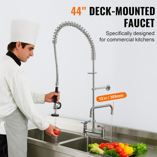 Commercial Faucet with Pre-Rinse Sprayer, 44" Height, 8" Center, 12" Swing Spout, Deck Mount Kitchen Sink Faucet, Brass Constructed Device with Pull Down Spray, for 1/2/3 Compartment Sink