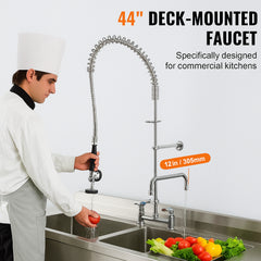Commercial Faucet with Pre-Rinse Sprayer, 44" Height, 8" Center, 12" Swing Spout, Deck Mount Kitchen Sink Faucet, Brass Constructed Device with Pull Down Spray, for 1/2/3 Compartment Sink