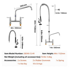 Commercial Faucet with Pre-Rinse Sprayer, 44" Height, 8" Center, 12" Swing Spout, Deck Mount Kitchen Sink Faucet, Brass Constructed Device with Pull Down Spray, for 1/2/3 Compartment Sink