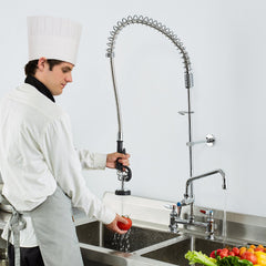 Commercial Faucet with Pre-Rinse Sprayer, 44" Height, 8" Center, 12" Swing Spout, Deck Mount Kitchen Sink Faucet, Brass Constructed Device with Pull Down Spray, for 1/2/3 Compartment Sink