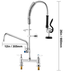 Commercial Faucet with Pre-Rinse Sprayer, 26" Height, 8" Center, 12" Swing Spout, Deck Mount Kitchen Sink Faucet, Brass Constructed Device with Pull Down Spray, for 1/2/3 Compartment Sink