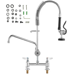 Commercial Faucet with Pre-Rinse Sprayer, 26" Height, 8" Center, 12" Swing Spout, Deck Mount Kitchen Sink Faucet, Brass Constructed Device with Pull Down Spray, for 1/2/3 Compartment Sink