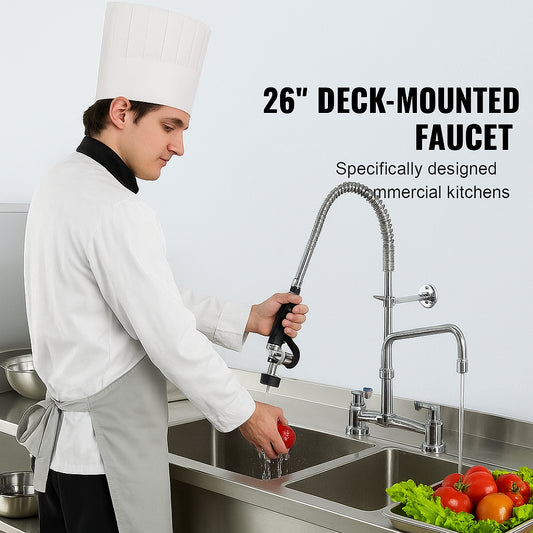 Commercial Faucet with Pre-Rinse Sprayer, 26" Height, 8" Center, 12" Swing Spout, Deck Mount Kitchen Sink Faucet, Brass Constructed Device with Pull Down Spray, for 1/2/3 Compartment Sink