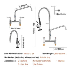 Commercial Faucet with Pre-Rinse Sprayer, 26" Height, 8" Center, 12" Swing Spout, Deck Mount Kitchen Sink Faucet, Brass Constructed Device with Pull Down Spray, for 1/2/3 Compartment Sink