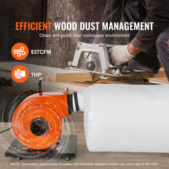 Dust Collector, 1HP 460 CFM Air Flow, Rolling Dust Collector with 80L Large Dust Collection Bag, 2.5 Micron Bag Filtration, Industrial Workshop Mobile Wood Dust Container with Handle and Wheels