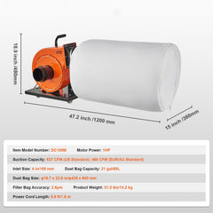 Dust Collector, 1HP 460 CFM Air Flow, Rolling Dust Collector with 80L Large Dust Collection Bag, 2.5 Micron Bag Filtration, Industrial Workshop Mobile Wood Dust Container with Handle and Wheels