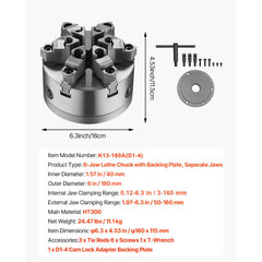 6-Jaw Lathe Chuck, 6 Inch (160 mm), Self-Centering Chuck with D1-4 Cam Lock Backing Plate, 0.12-5.71 in (3-145 mm) Clamping Range with T-wrench Screws, HT300 Material, for Wood Metal Lathe