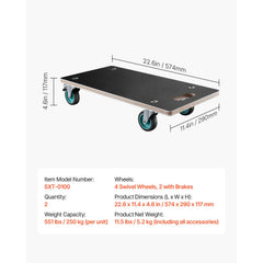 Furniture Dolly, 551 lbs Load Capacity, Furniture Moving Dollies with 4 TPR Silent Wheels, Rectangle Multifunctional Flat Dolly for Piano Furniture Couch Washing Machine Fridge, 2 Pack, Black