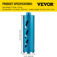 Dry Core Drill Bit, 88.9 mm Diameter 11 Threaded, 241.3mm Depth Diamond Coring Bore Tool with a Pilot Bit & Blade, Masonry Hole Saw Bits for Hard Concrete Brick