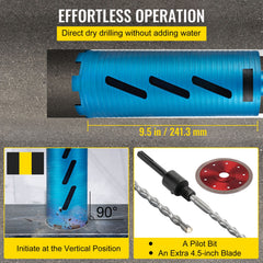 Core Drill Diamond Dry Coring Bit 4" with Pilot Bit for Hard Concrete