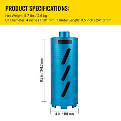 Core Drill Diamond Dry Coring Bit 4" with Pilot Bit for Hard Concrete