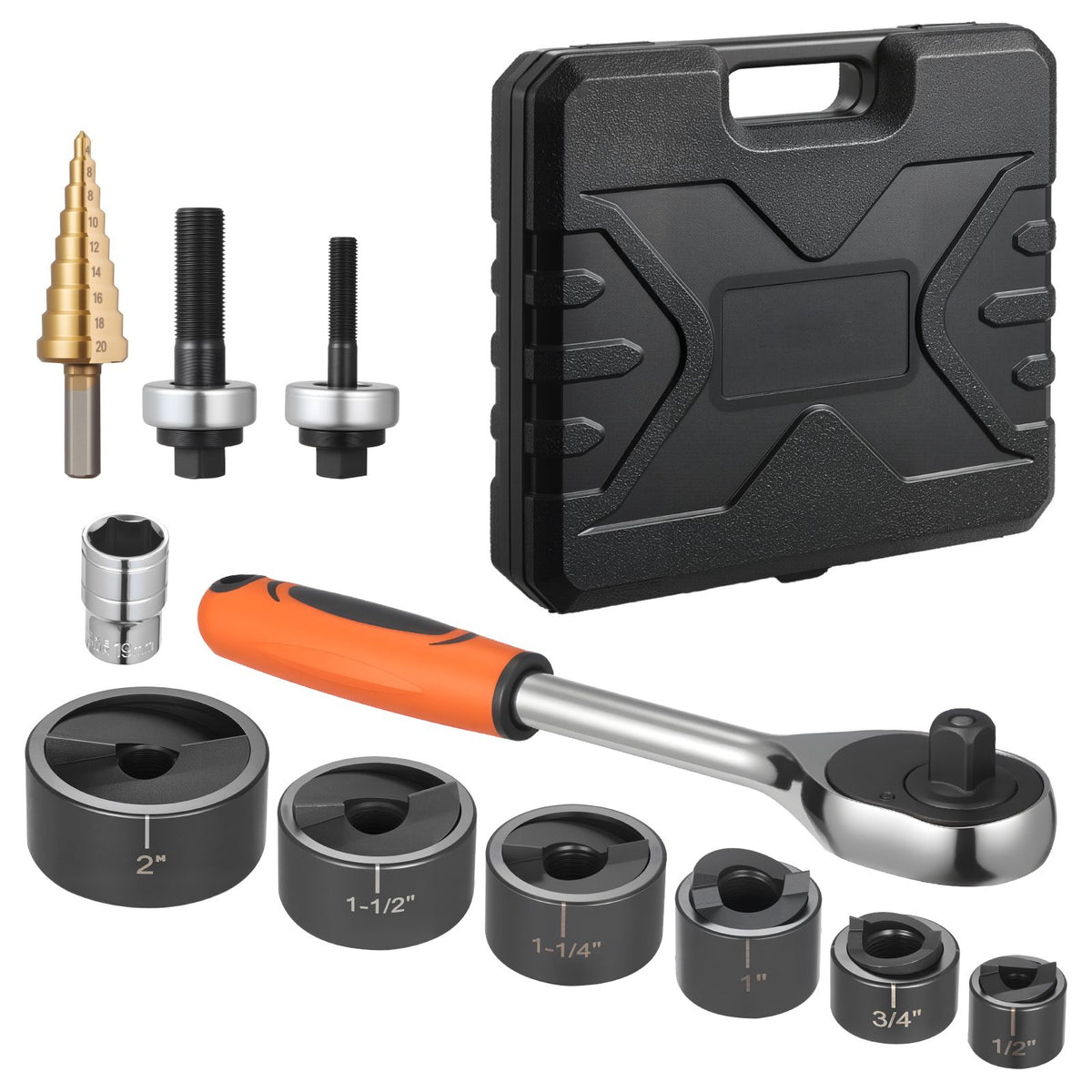 Knockout Punch Set, 12.7 to 50.8mm SLUG-Buster Ratchet Knockout Set, Ratchet Wrench Knockouts Punch Sets for Aluminum, Mild steel, Fiberglass, Plastics, 6 Die Sizes, 40Cr Steel Ko Tool Kit