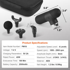 Massage Gun Deep Tissue, Percussion Muscle Massager for Athletes - with 4 Speed Levels & 4 Massage Heads, 7.4V 2500mAh Batteries, Handheld Mini Massage Gun for Pain Relief, Muscle Relaxation