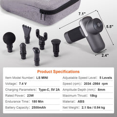 Massage Gun Deep Tissue, Percussion Muscle Massager for Athletes - with 5 Speed Levels & 6 Massage Heads, 7.4V 2500mAh Batteries, Handheld Electric Massage Gun for Pain Relief, Muscle Relaxation