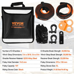Off-Road Recovery Kit, 7.6 x 914.4 cm, Heavy Duty Winch Recovery Kit with 13608 kg Tow Straps, 20T D-Ring Shackles, Shackle Receiver, Snatch Block Pulley, Gloves, Storage Bag for ATV Jeep Truck