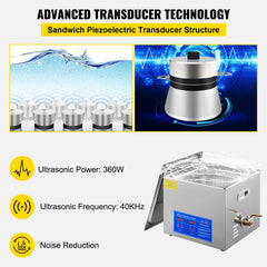 Powerful Stainless Steel 13.5-15 L Liters Ultrasonic Cleaner 360W Digital Heater Timer