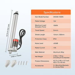 Linear Actuator 12V, 12 Inch High Load 330lbs/1500N Linear Actuator, 0.19"/s Linear Motion Actuator with Mounting Bracket and IP54 Protection