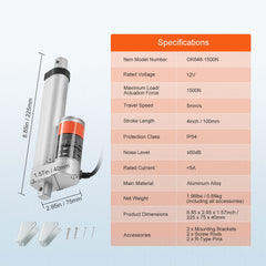 Linear Actuator 12V, 4 Inch High Load 330lbs/1500N Linear Actuator, 0.19"/s Linear Motion Actuator with Mounting Bracket and IP54 Protection