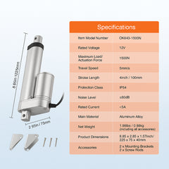 Linear Actuator 12V, 4 Inch High Load 330lbs/1500N Linear Actuator, 0.19"/s Linear Motion Actuator with Mounting Bracket and IP54 Protection