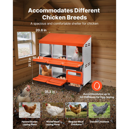 2 Tiers Chicken Nesting Boxes, 6 Compartments, Metal Egg Laying Boxes with Protective Collection Lids, Roll Out Nesting Box, Easy to Assemble, Ideal for Hens, Ducks, Chickens, and Other Poultry