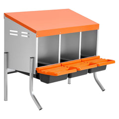 Chicken Nesting Boxes, 3 Compartments, with Support Legs, Easy Egg Collection, Galvanized Steel and High-Strength Plastic, Roll Away Nesting Boxes for Chickens and Hens Laying Eggs, Orange