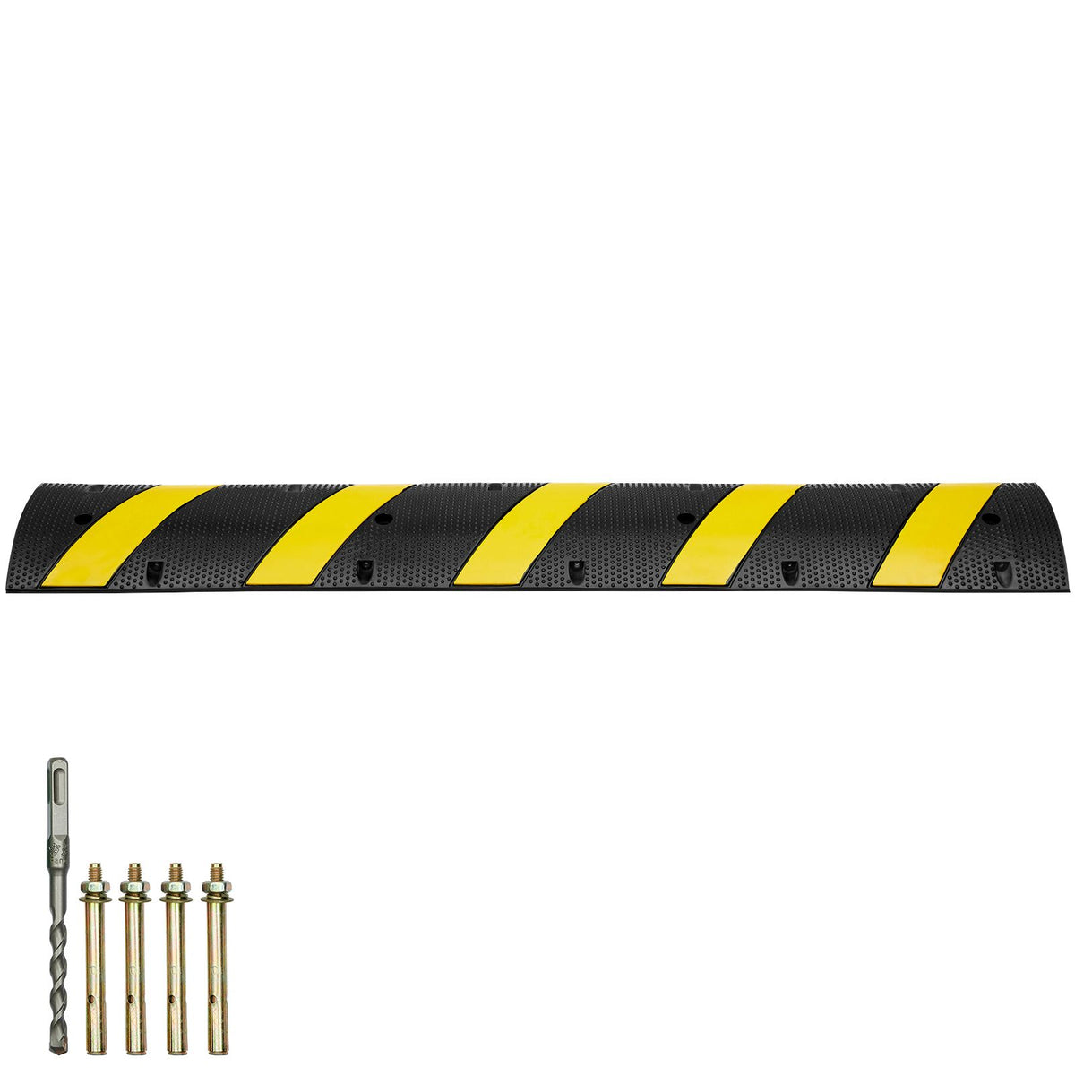 6 ft Rubber Speed Hump, 2 Channel, 10000 kg/axle Load Capacity Heavy Duty Traffic Speed Bump, with High Reflective Yellow Strip 4 Expansion Screws and 1 Drill, for Asphalt Concrete Gravel Roads