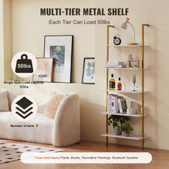 Industrial Square Pipe Shelf 5 Tier 64x30x182.5cm Wall-Mount Gold White