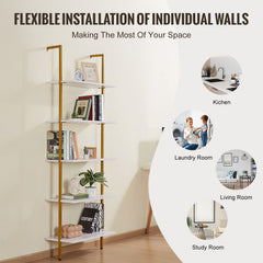 Industrial Square Pipe Shelf 5 Tier 64x30x182.5cm Wall-Mount Gold White