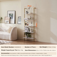 Industrial Square Pipe Shelf 5 Tier 64x30x182.5cm Wall-Mount Gold White