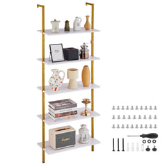 Industrial Square Pipe Shelf 5 Tier 64x30x182.5cm Wall-Mount Gold White