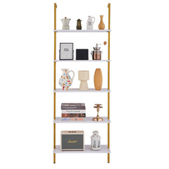 Industrial Square Pipe Shelf 5 Tier 64x30x182.5cm Wall-Mount Gold White