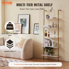 Industrial Square Pipe Shelf 5 Tier 64x30x182.5cm Wall-Mount Gold White