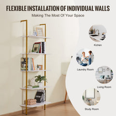 Industrial Square Pipe Shelf 5 Tier 64x30x182.5cm Wall-Mount Gold White