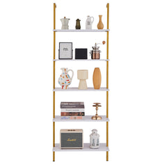 Industrial Square Pipe Shelf 5 Tier 64x30x182.5cm Wall-Mount Gold White