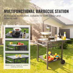 Outdoor Grill Dining Cart with Double-Shelf, 55*55cm BBQ Movable Food Prep Table, Multifunctional Foldable Iron Table Top, Portable Modular Carts for Pizza Oven, Worktable with 2 Wheels, Carry Handle