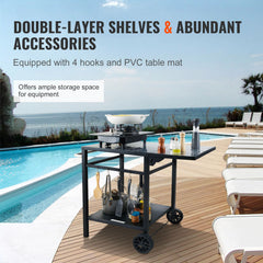 Outdoor Grill Dining Cart with Double-Shelf, 55*55cm BBQ Movable Food Prep Table, Multifunctional Foldable Iron Table Top, Portable Modular Carts for Pizza Oven, Worktable with 2 Wheels, Carry Handle