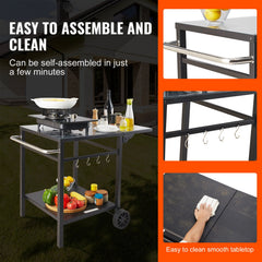 Outdoor Grill Dining Cart with Double-Shelf, 55*55cm BBQ Movable Food Prep Table, Multifunctional Foldable Iron Table Top, Portable Modular Carts for Pizza Oven, Worktable with 2 Wheels, Carry Handle