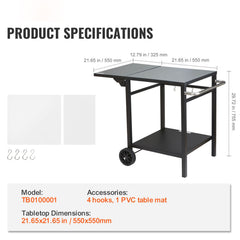 Outdoor Grill Dining Cart with Double-Shelf, 55*55cm BBQ Movable Food Prep Table, Multifunctional Foldable Iron Table Top, Portable Modular Carts for Pizza Oven, Worktable with 2 Wheels, Carry Handle