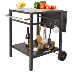 Outdoor Grill Dining Cart with Double-Shelf, 55*55cm BBQ Movable Food Prep Table, Multifunctional Foldable Iron Table Top, Portable Modular Carts for Pizza Oven, Worktable with 2 Wheels, Carry Handle