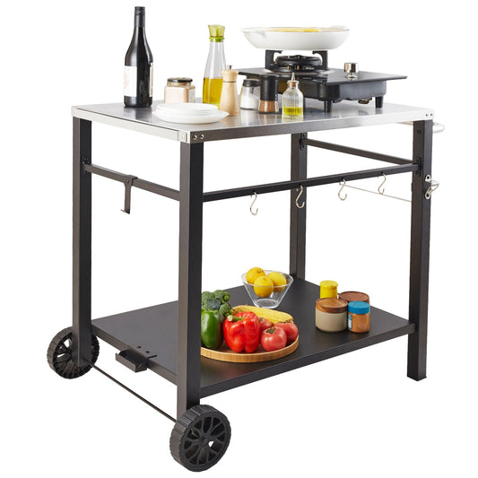 Outdoor Grill Dining Cart with Double-Shelf, 85*55cm BBQ Movable Food Prep Table, Multifunctional Stainless Steel Table Top, Portable Modular Carts for Pizza Oven, Worktable with 2 Wheels