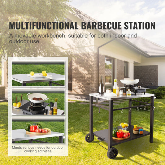 Outdoor Grill Dining Cart with Double-Shelf, 85*55cm BBQ Movable Food Prep Table, Multifunctional Stainless Steel Table Top, Portable Modular Carts for Pizza Oven, Worktable with 2 Wheels