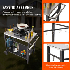 Outdoor Grill Dining Cart with Double-Shelf, 85*55cm BBQ Movable Food Prep Table, Multifunctional Stainless Steel Table Top, Portable Modular Carts for Pizza Oven, Worktable with 2 Wheels
